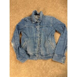 Theory Womens Collared Long Sleeve Button Snap Closure Blue Denim Jacket Small P